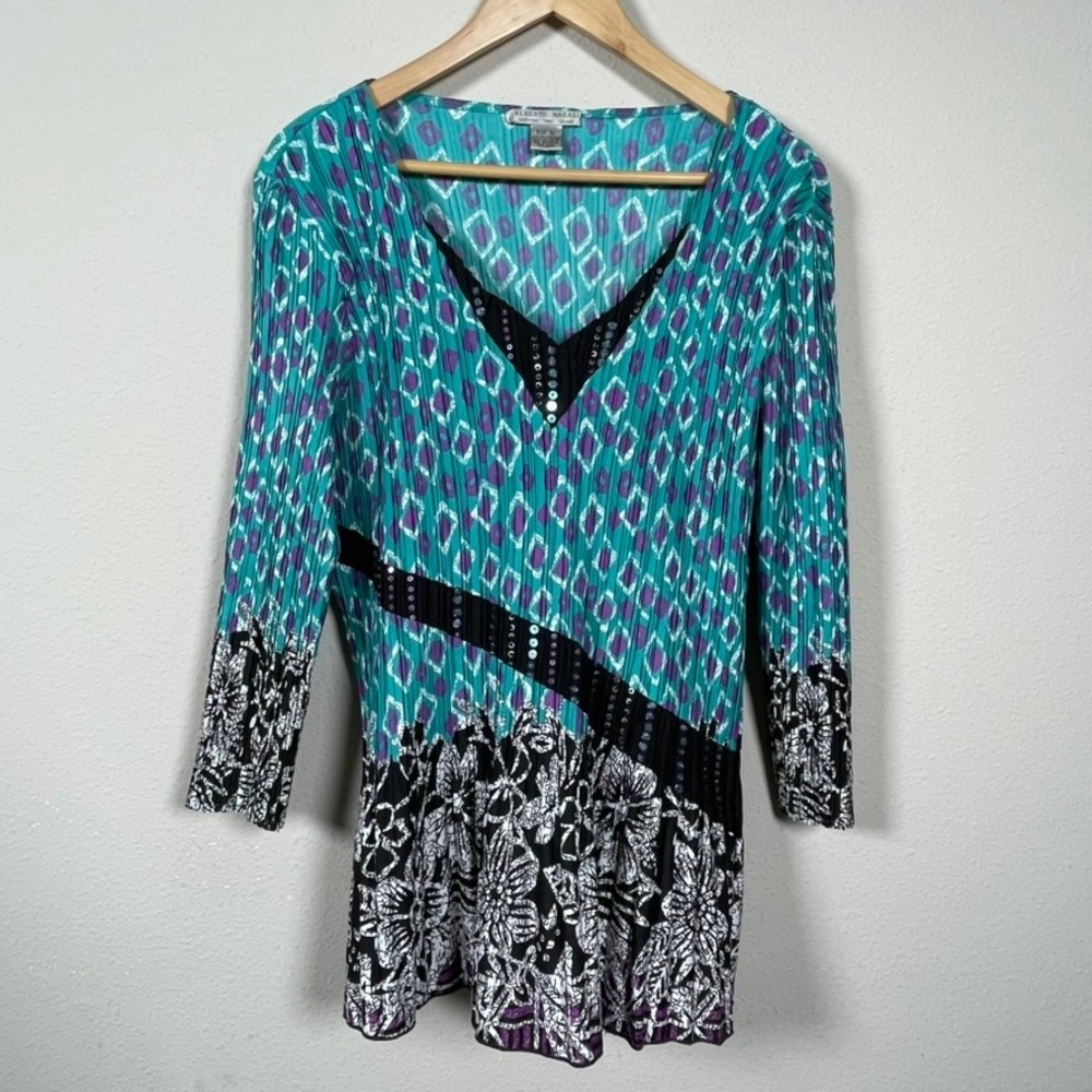 Alberto Makali Tunic Top Womens XL Teal Purple Floral Geometric Sequin Plisse